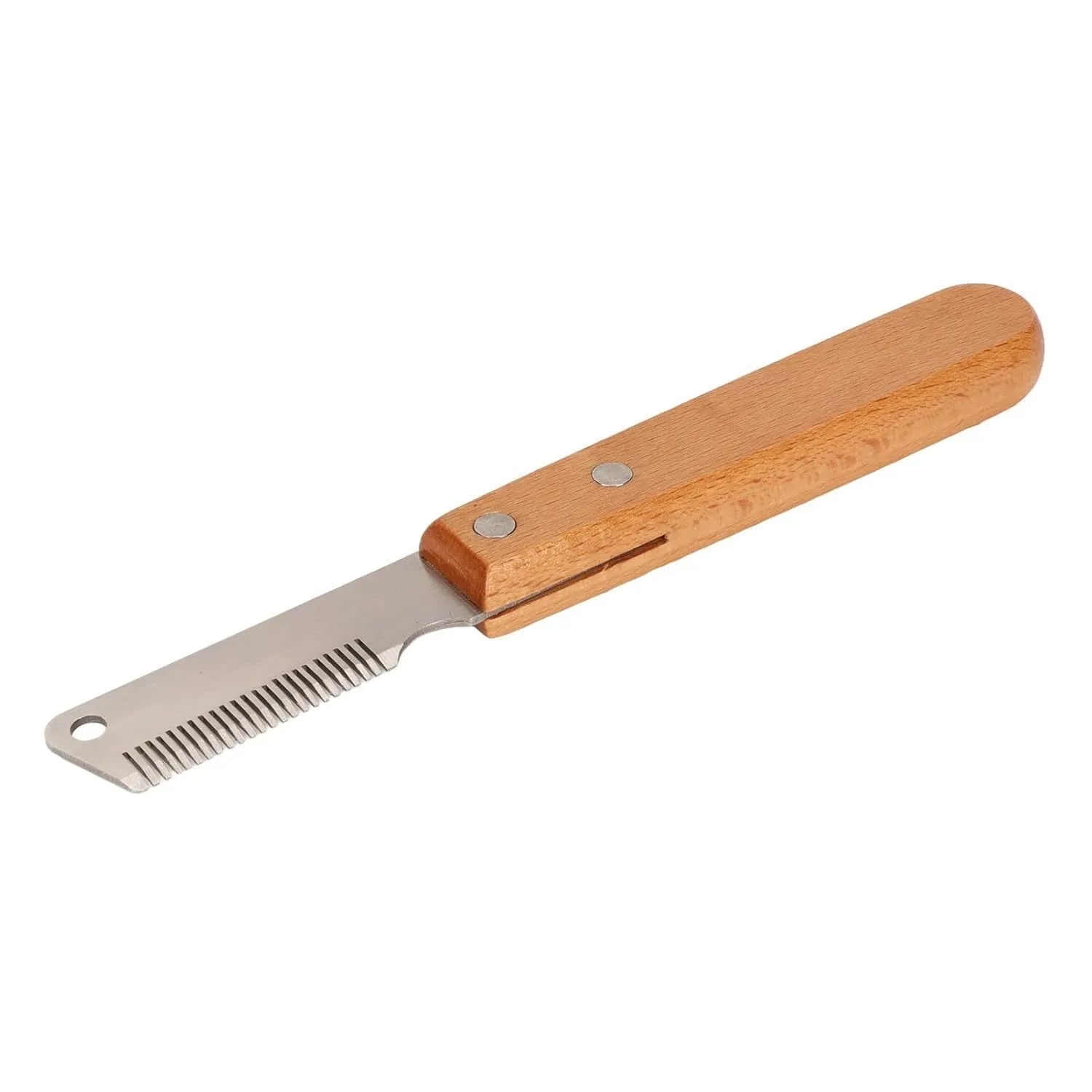 Pet stripping comb grooming tool with wood handle shown in long and short size options