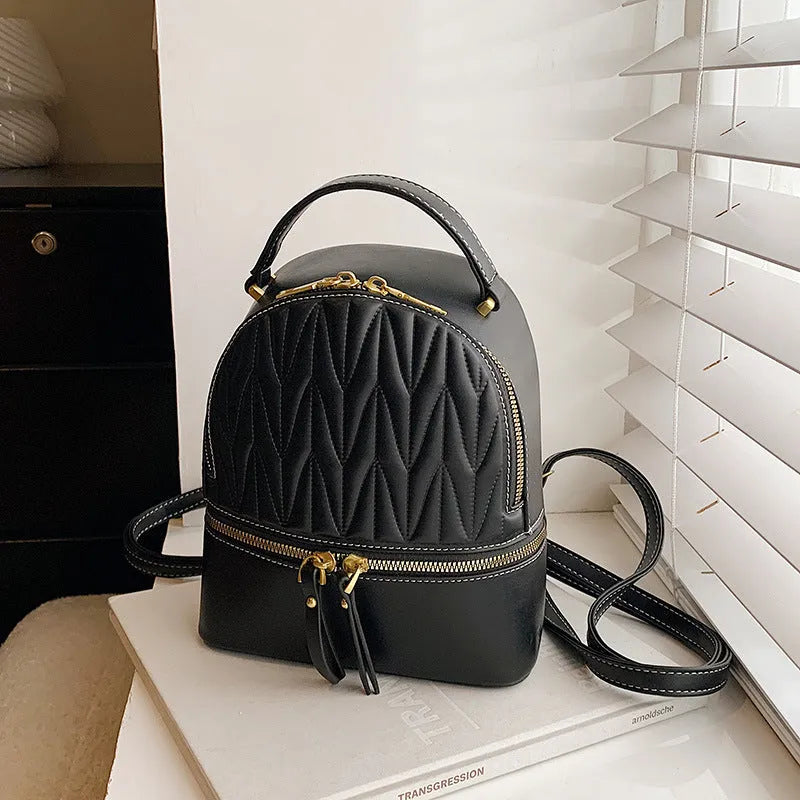 Women's PU backpack in brown, black, khaki, green or white with sandwich pocket, 22cm height and 19cm bottom width