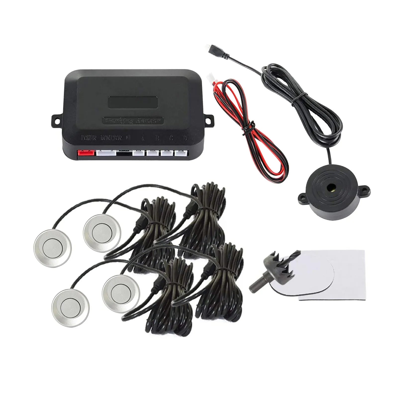 4-probe buzzer reversing radar kit with sensors, control module, and installation tools