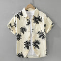 White loose-fit short sleeve cardigan shirt hanging, showing its oversized Japanese style.