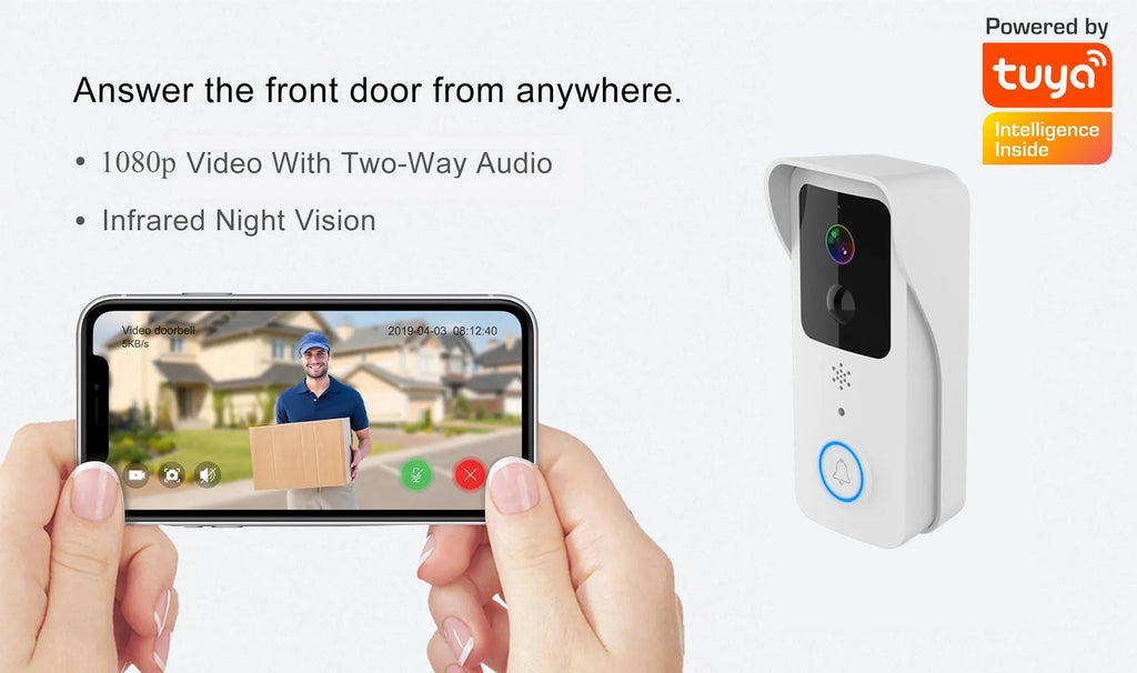 Black or white smart waterproof HD visual doorbell with camera and intercom for outdoor security.