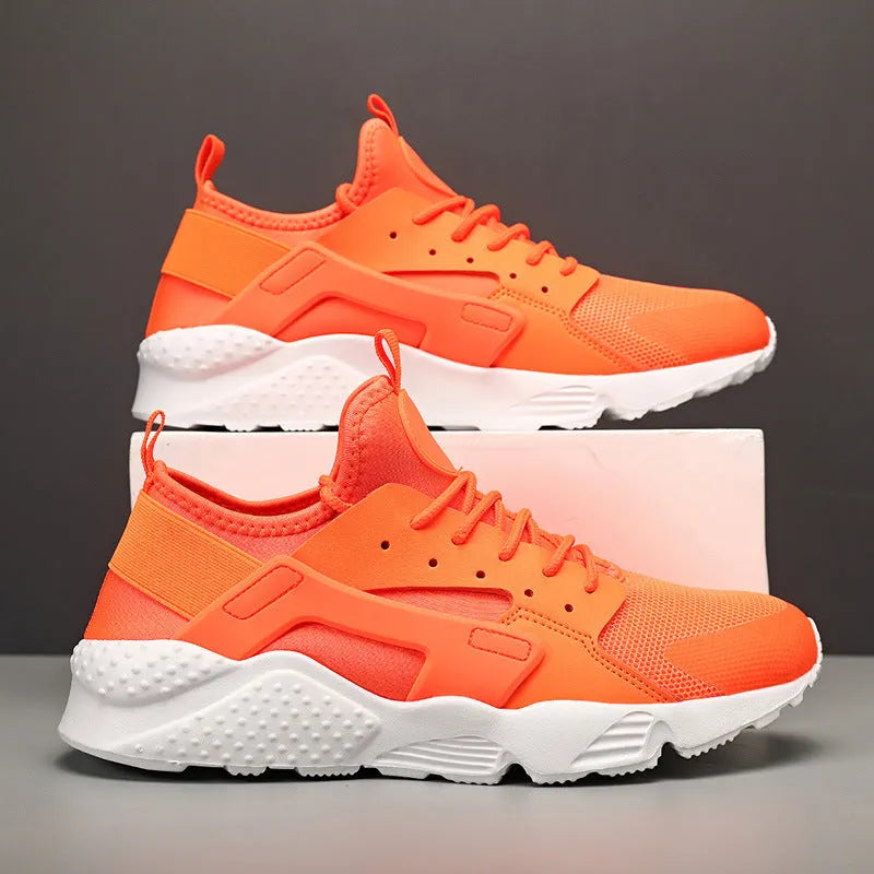 Men's low top casual mesh shoes in fluorescent red with lace-up closure and cross straps.