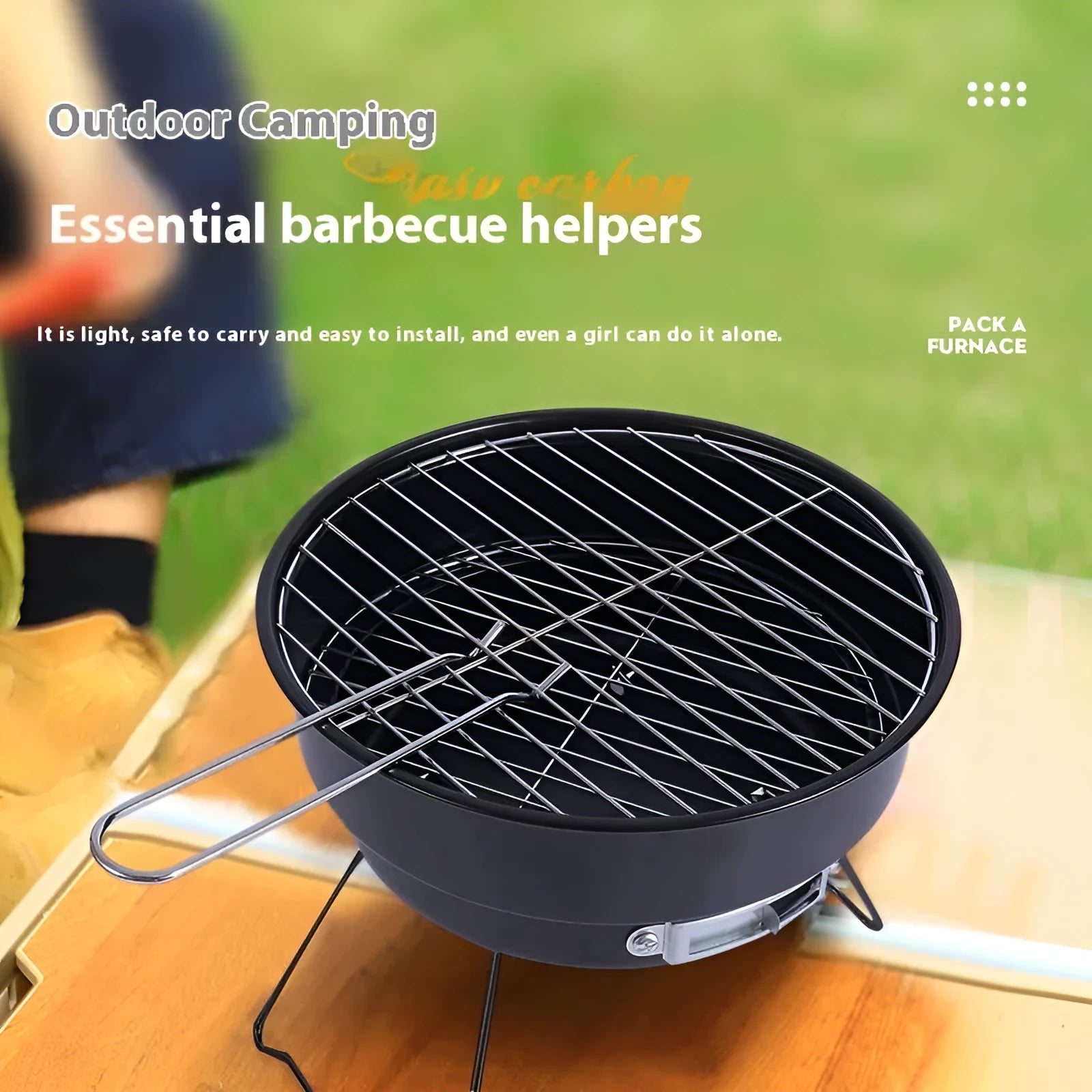 Small round folding outdoor ice stove grill kit with mesh, legs, and storage bag for 1-2 people.