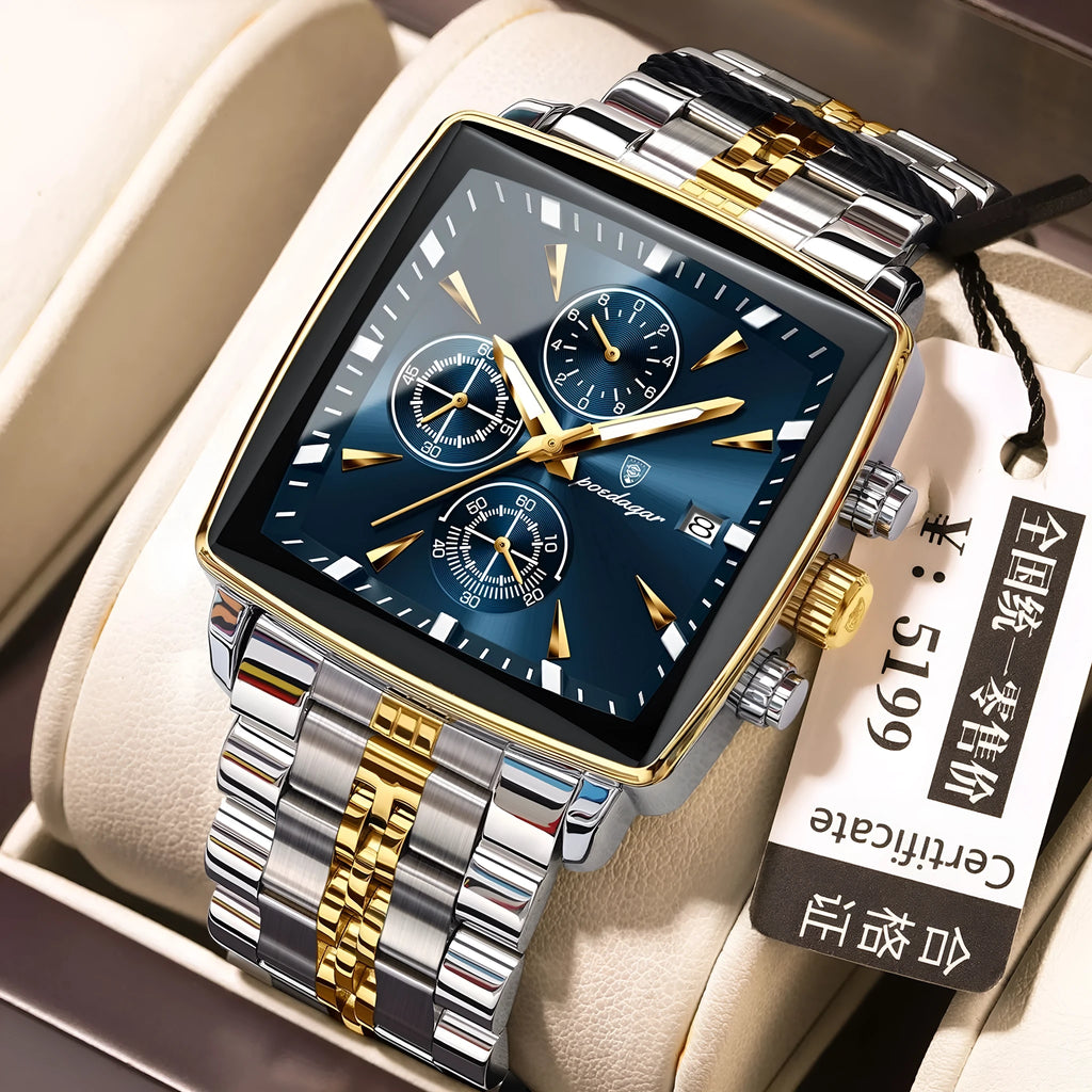 Square dial men's business watch with stainless steel strap on wrist, showing colour options.