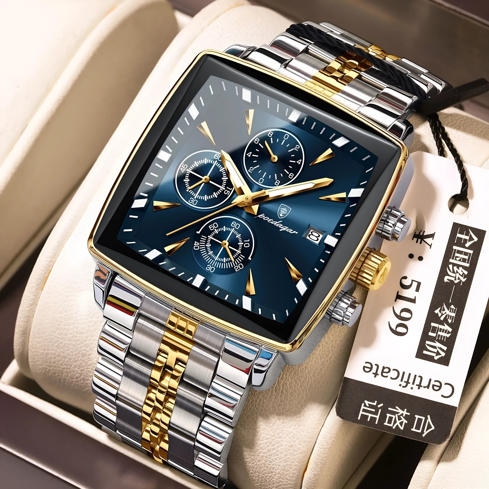 Square dial men's business watch with stainless steel strap on wrist, showing colour options.