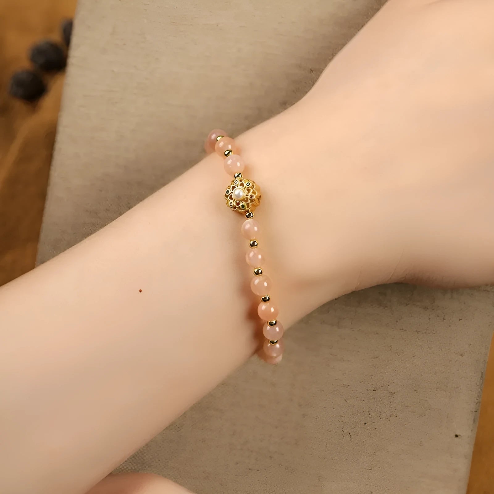Hand-woven grey moonstone and peach blossom crystal bracelet with 6mm beads