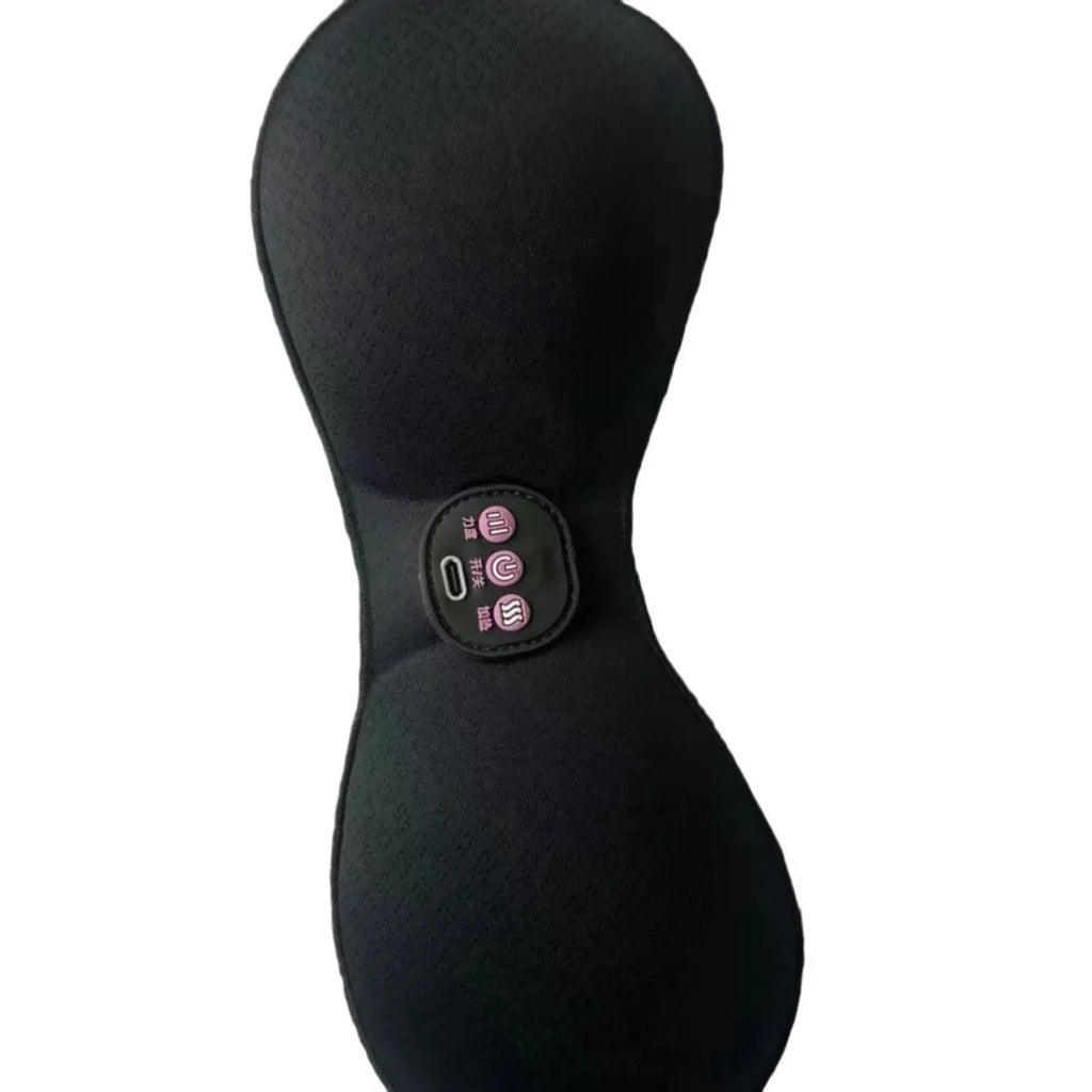 Black electric massage chest pads with adhesive stickers and three-button control panel