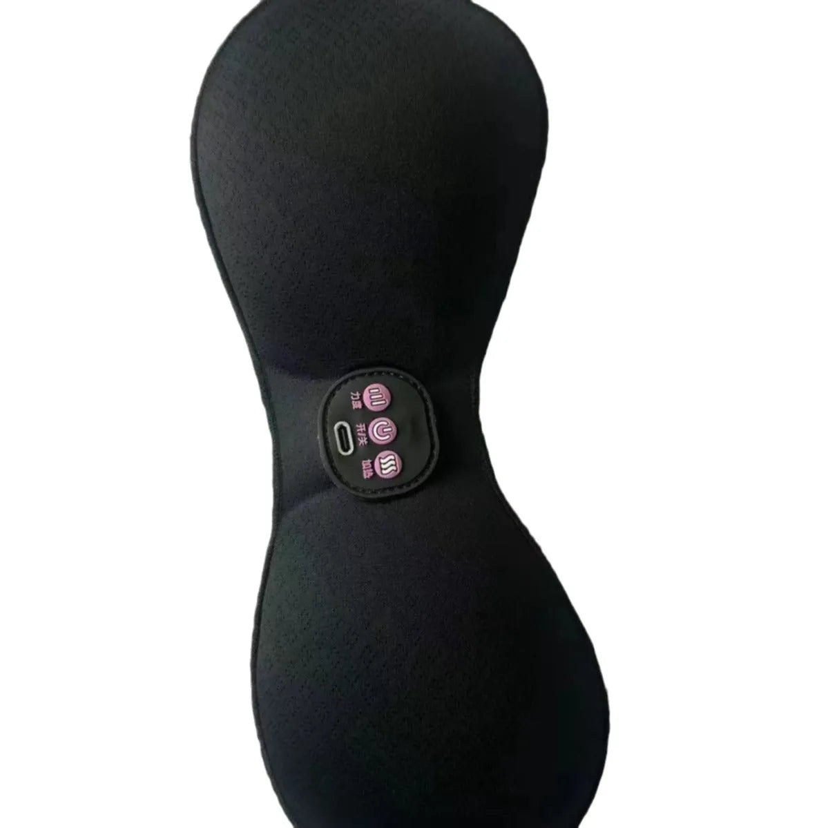 Black electric massage chest pads with adhesive stickers and three-button control panel