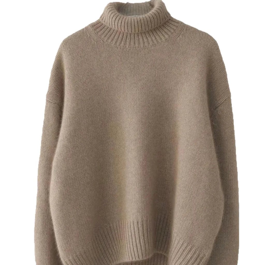 Women's high-neck loose knit pullover sweater in solid colour with long sleeves and one-size fit