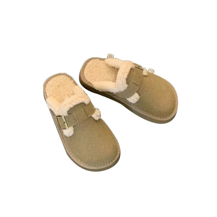 Retro thick-soled furry slippers for women in Antelope colour with round toe and flat heel