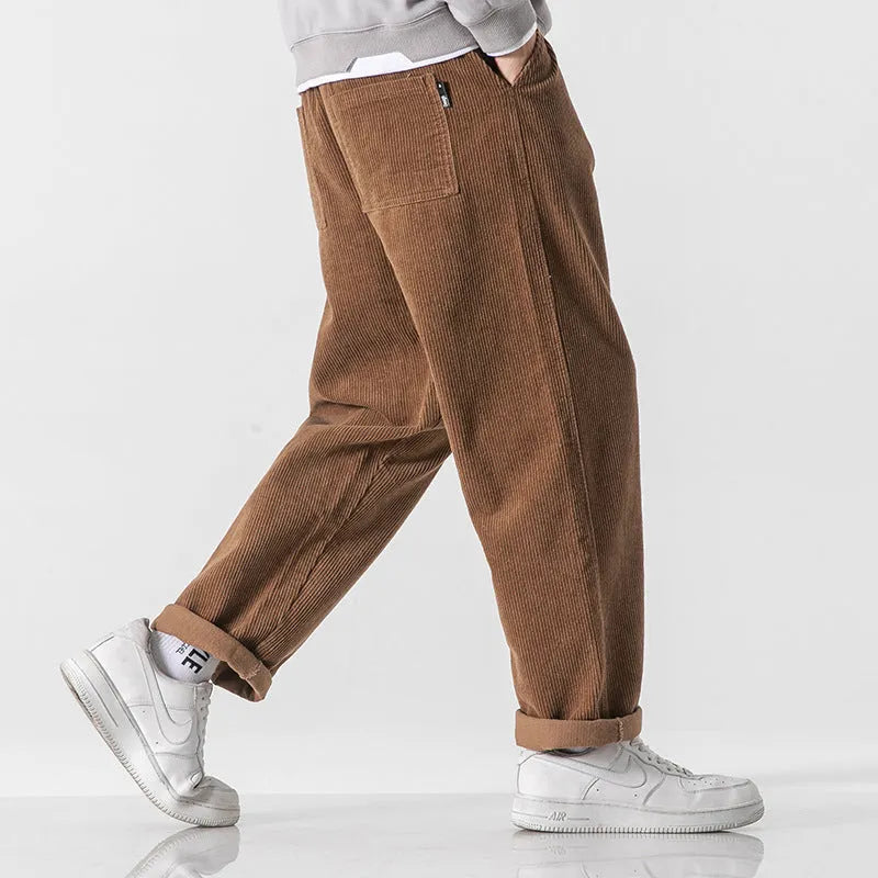 Men's loose straight corduroy sports trousers in multiple colour options with elastic waist
