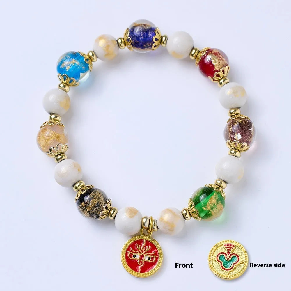 Handmade glass bracelet with five gods of wealth theme and 10mm geometric beads in national style design