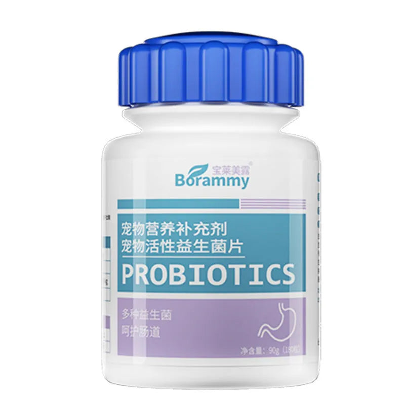 Bottle of 180 beef-flavoured probiotic tablets for pet digestive health.