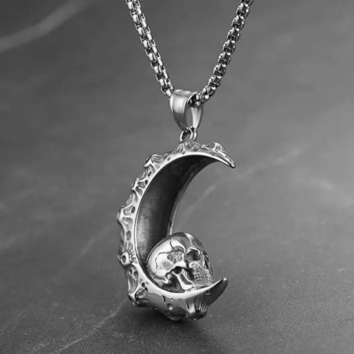 Men's stainless steel necklace with electroplated silver alloy pendant showing six gothic design options