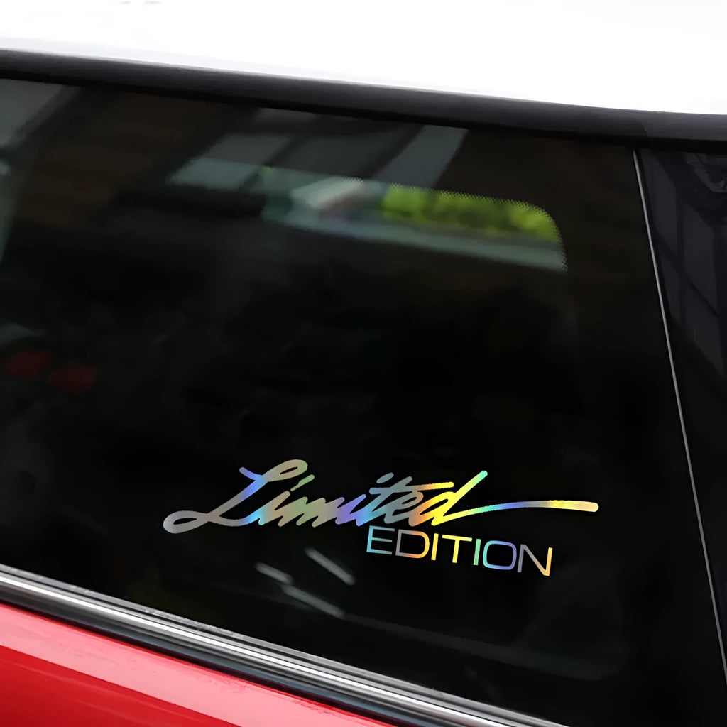 Black laser reflective text car sticker on PET material for vehicle body application.