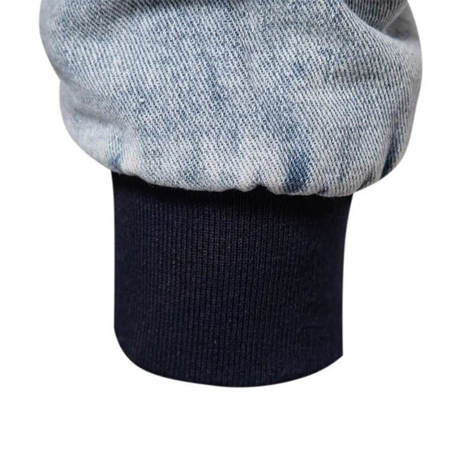 Men's plush denim jacket in European size with long sleeves and seam pockets in dark blue