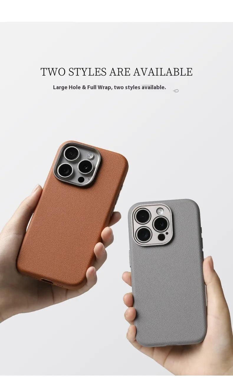 Black leather Magsafe phone case with metal alloy lens protection ring for iPhone