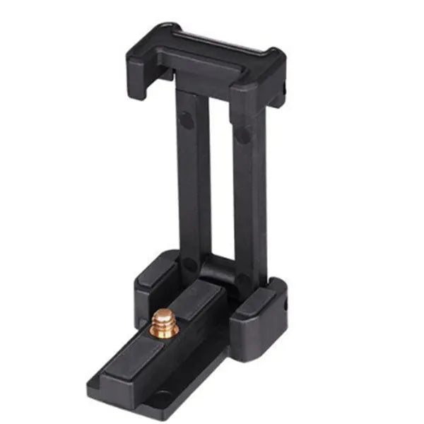 Black desktop tripod holding a mobile phone, showing adjustable bracket and plastic-aluminium construction