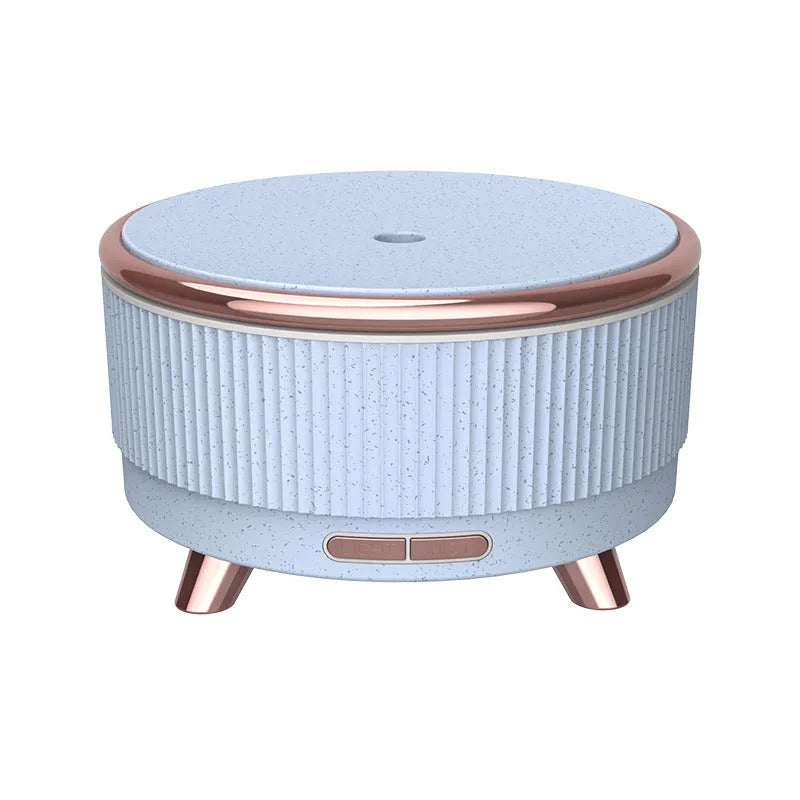 Round plastic ultrasonic aroma diffuser with wood grain finish and 500ml capacity, in green colour