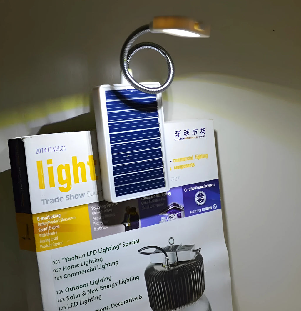 White solar-powered garden lamp with plastic shade and a single LED light, showing a solar panel on top.