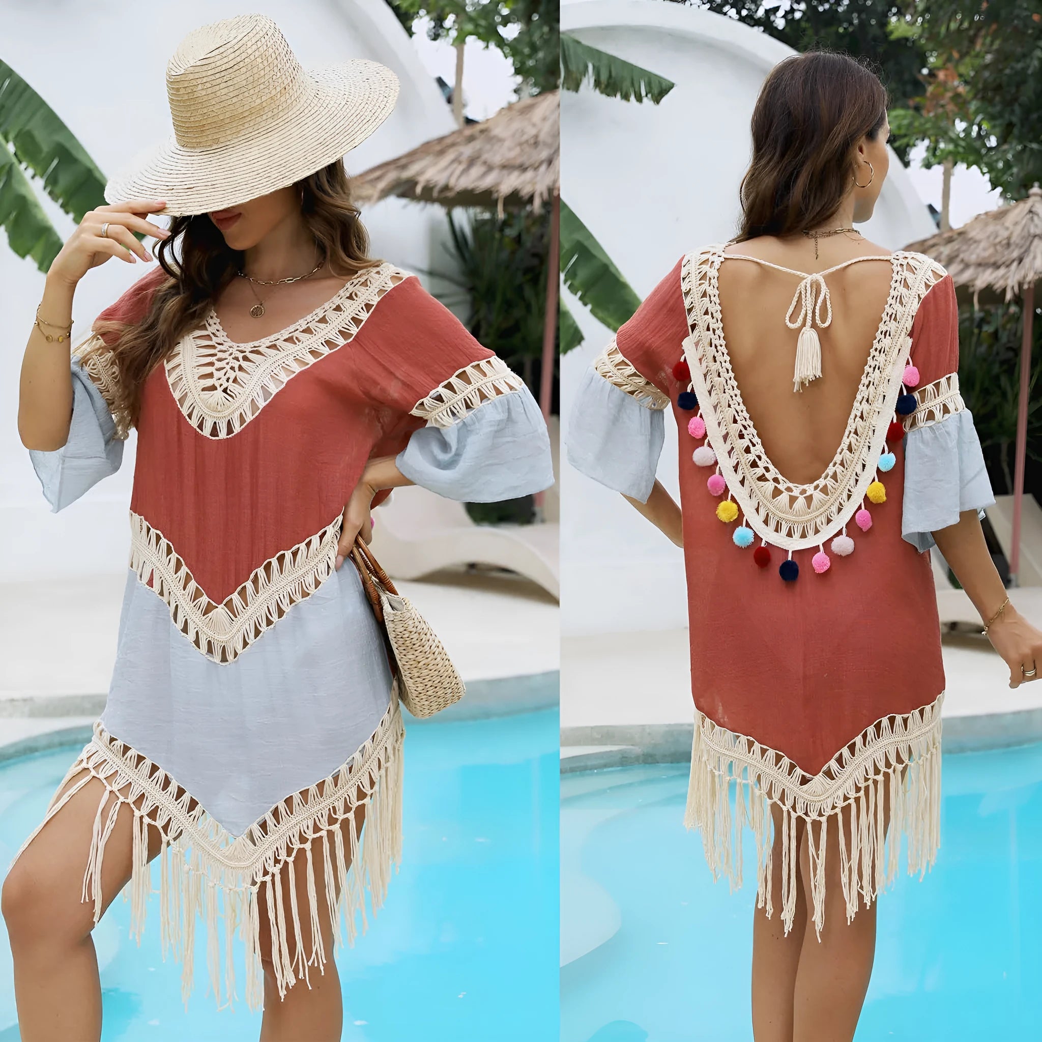 Orange floral beach overskirt with hand crochet stitching and tassels, shown with matching blouse.