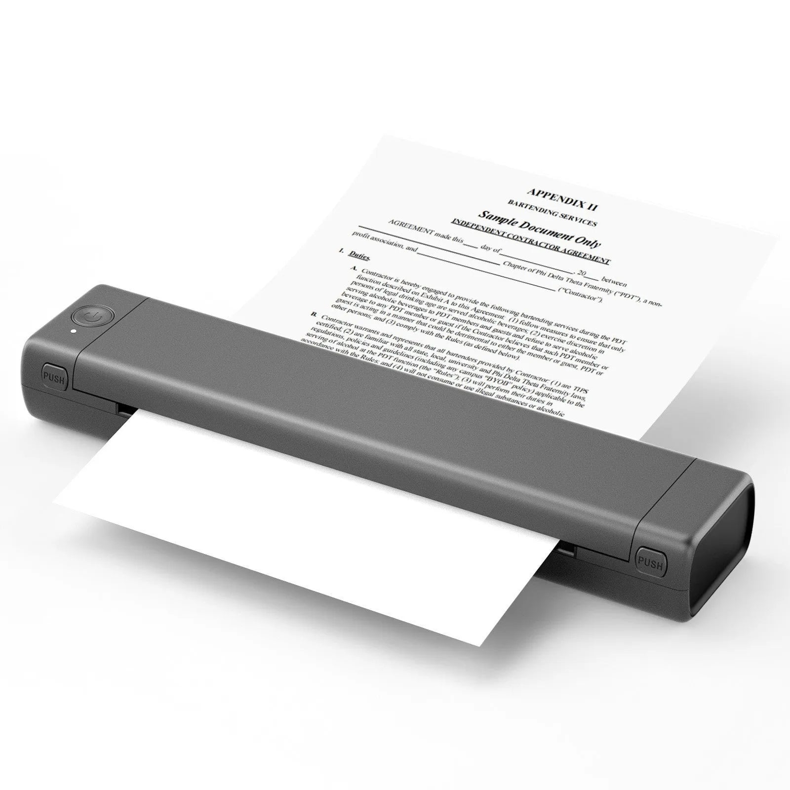 Phomemo M08F white A4 portable thermal printer with USB cable on a wooden desk