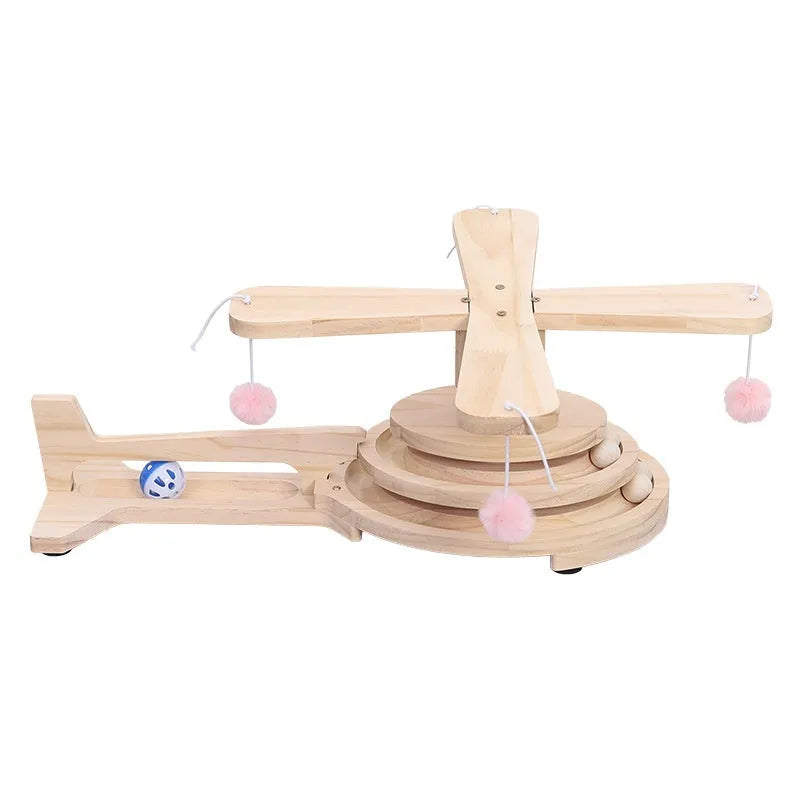Solid wood cat scratch board toy with turntable and teasing ball in choice of themed designs