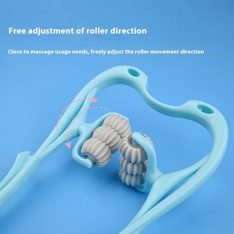 Blue handheld plastic massager with six rotating wheels for neck, shoulder, and waist.