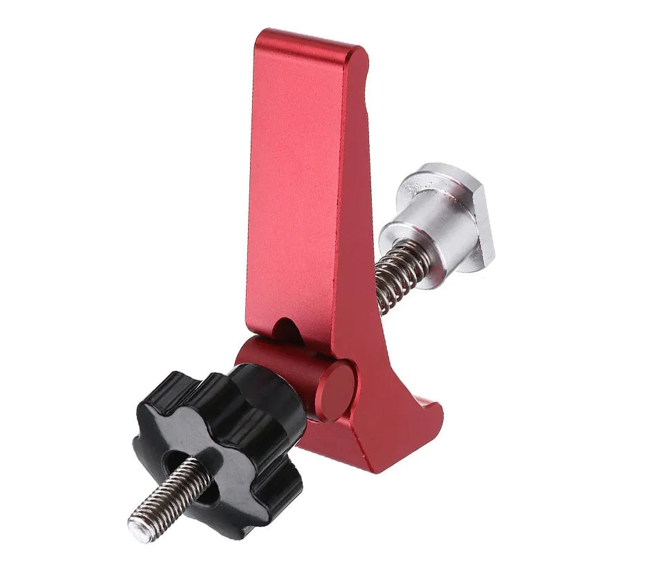 Red-handled aluminium alloy woodworking table block slide holder with a flat mouth shape.