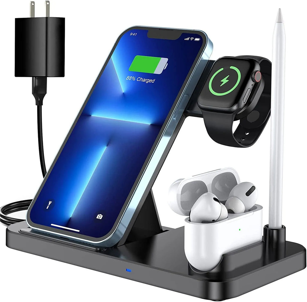 Black four-in-one wireless charging station with QC3.0 fast charging head for multiple mobile phones