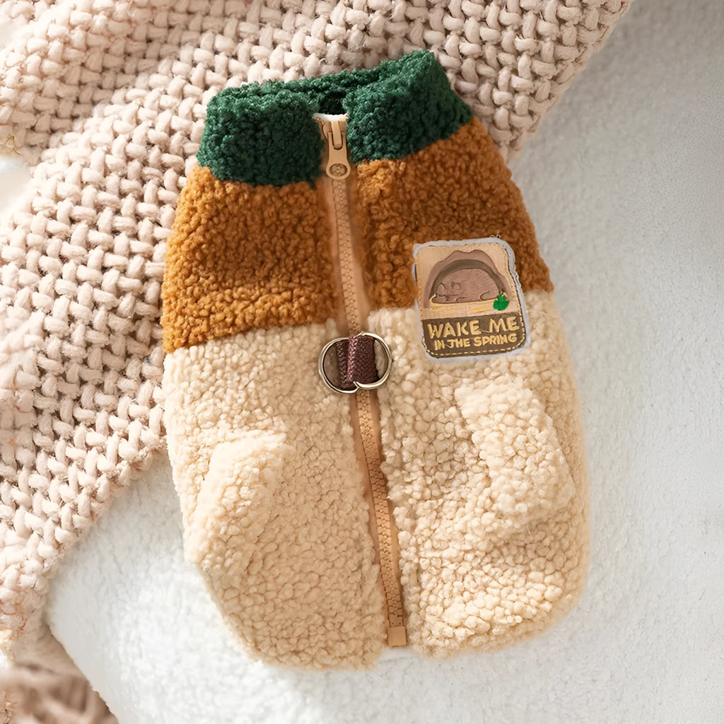 Color-block pet fleece jacket in green brown beige with squirrel patch leash ring and pockets