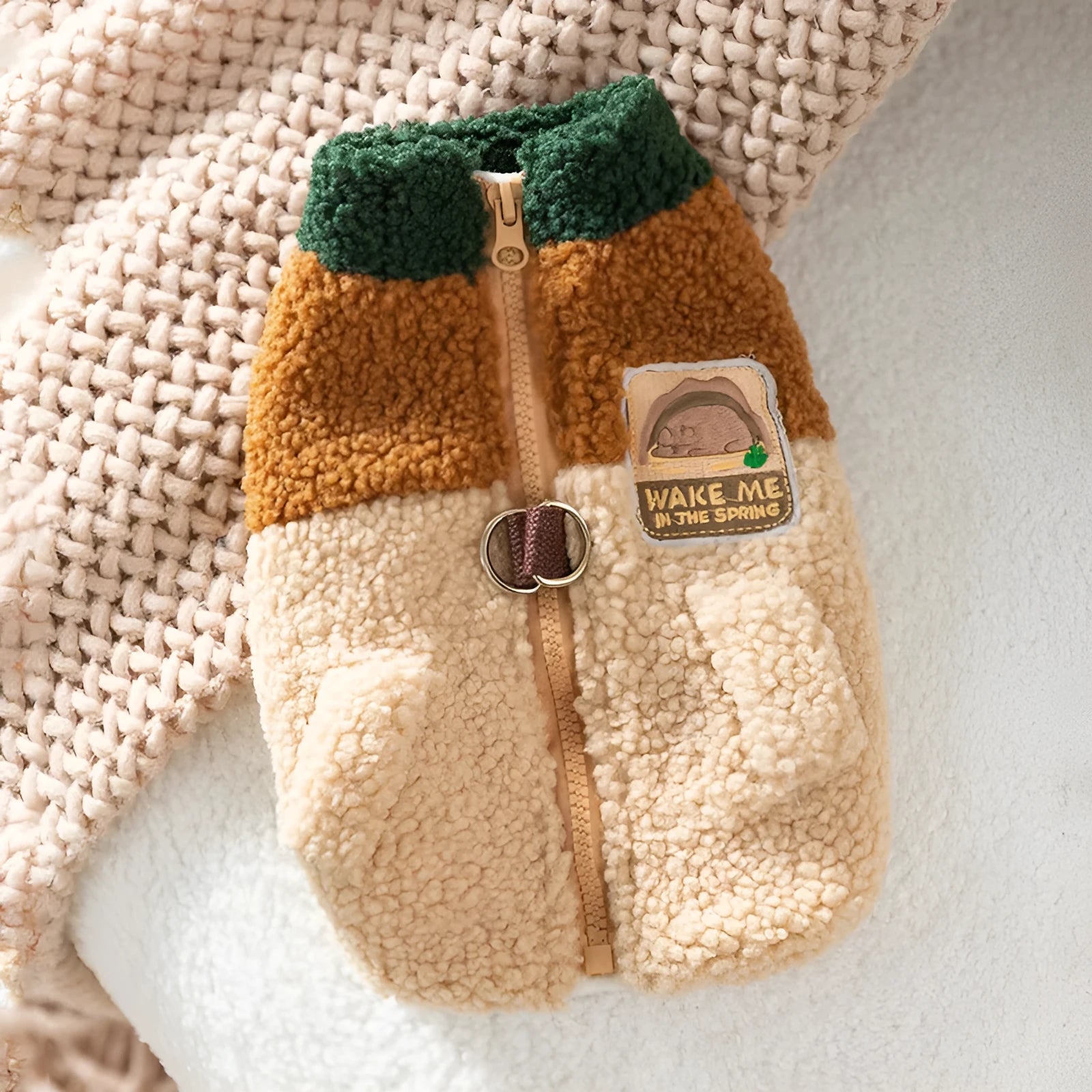 Color-block pet fleece jacket in green brown beige with squirrel patch leash ring and pockets