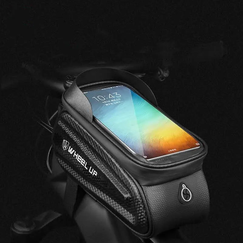 Black and grey EVA bicycle handlebar bag with reflective strips mounted on bike.