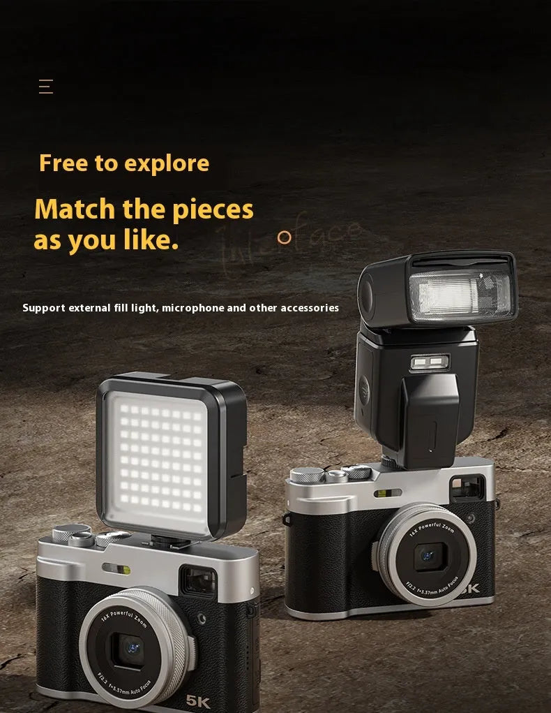 Black or brown 5K HD digital camera with dual lenses and an optical viewfinder on top.