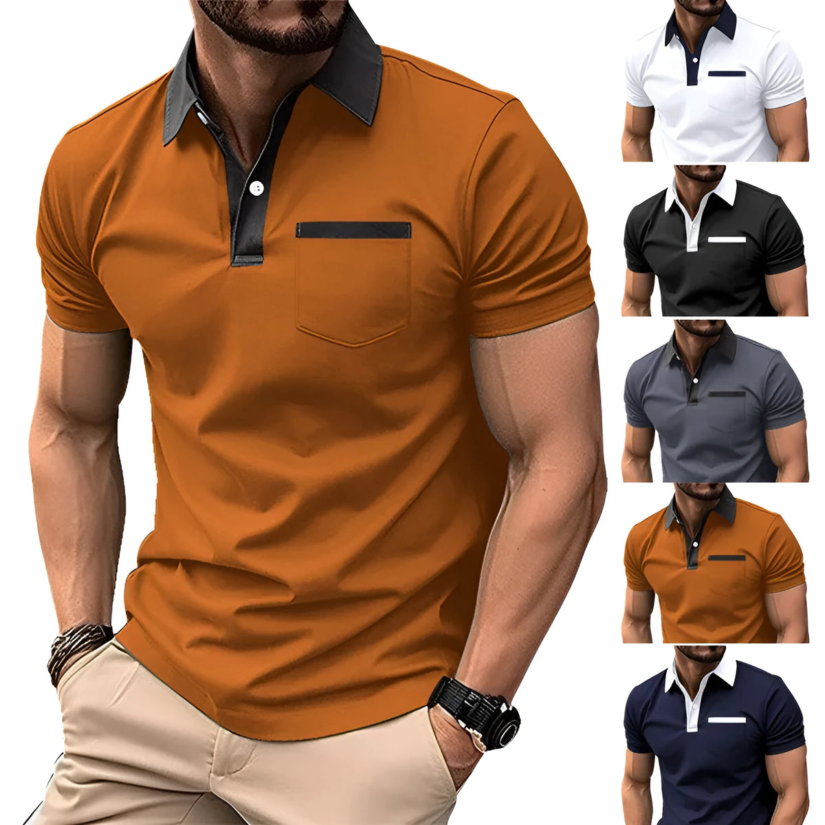 Men's lapel collar short sleeve polo shirt with chest pocket in yellow, black, white, gray, navy blue, sky blue, pink, light gray
