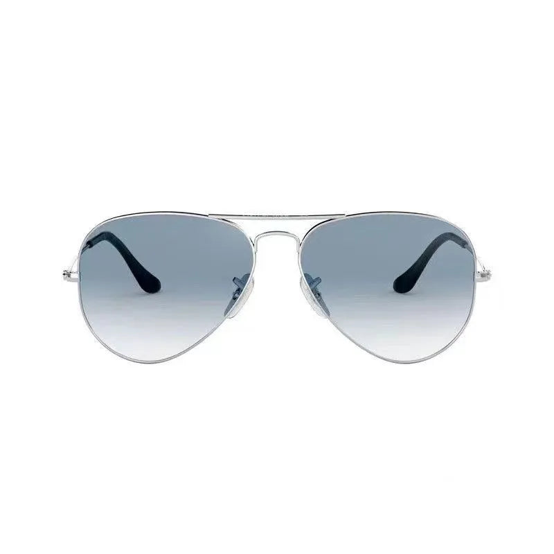 Tempered glass sunglasses with gold frame and dark green lenses for UV protection.