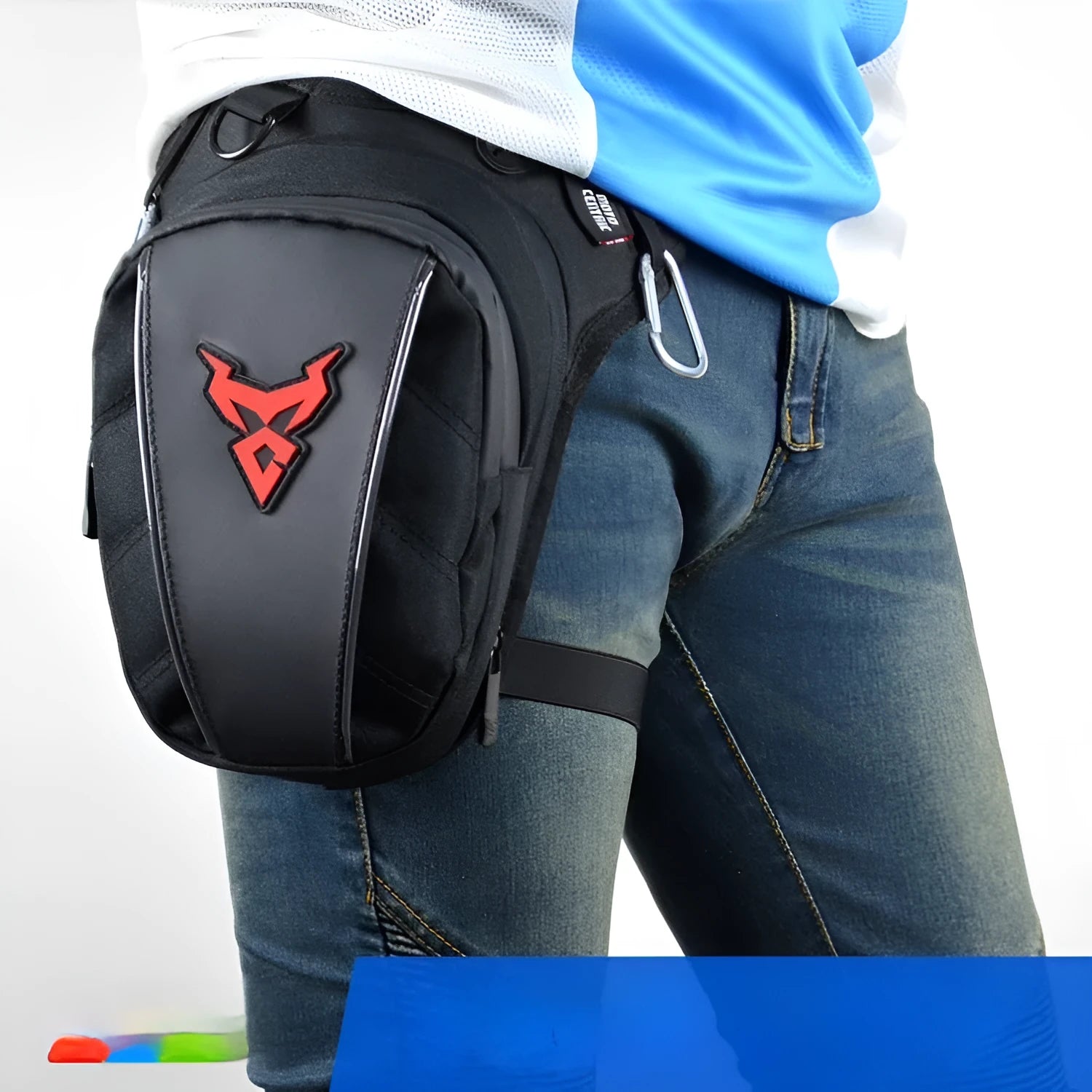 Motorcycle leg bag in 1200D Oxford cloth shown in red, worn on a rider's leg.