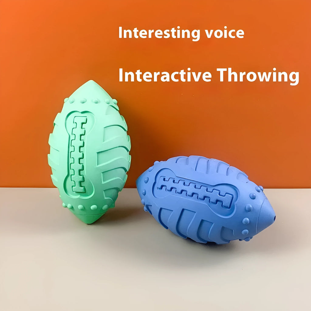 Bite-resistant rubber rugby dog toy in light green or blue with vocal features for interactive training