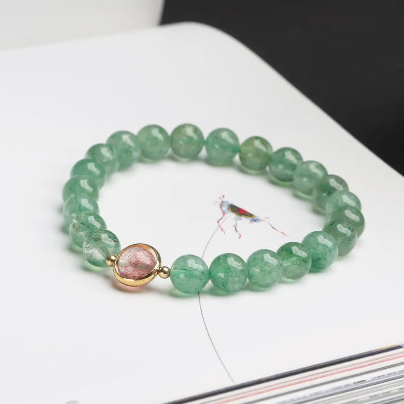 Hand-woven green strawberry quartz bracelet with 7.5mm beads in Chinese style geometric design