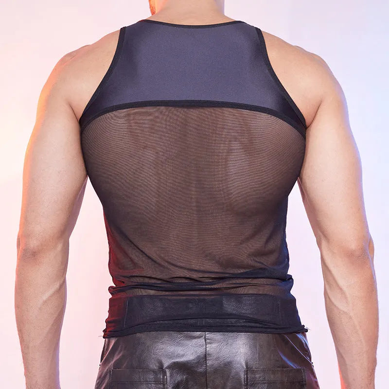 Men's see-through mesh body shaping top in black, high elastic nylon, sheer fabric