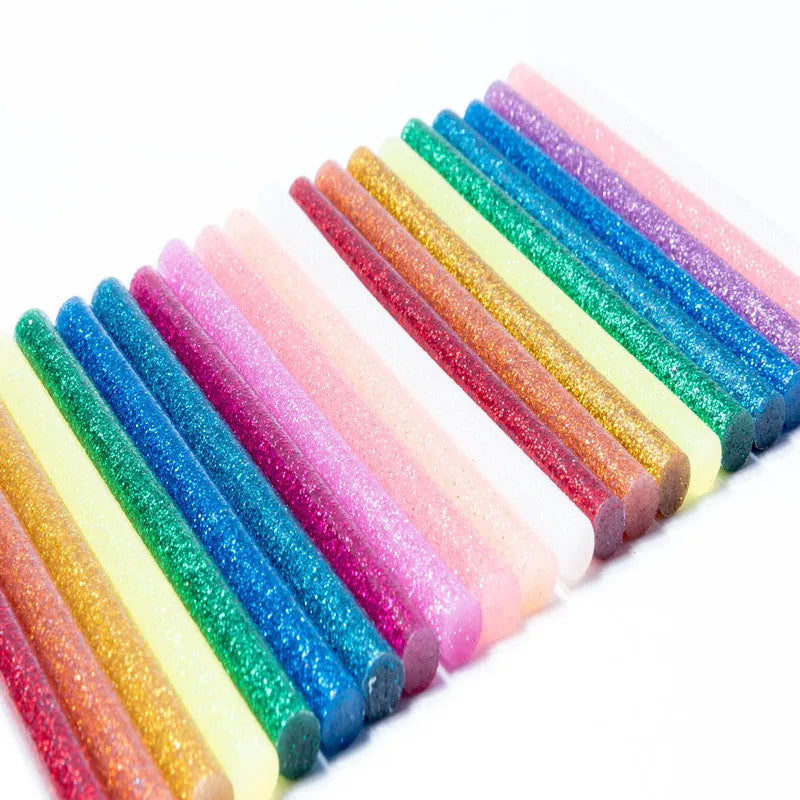 Pack of 10 colorful hot melt glue sticks with gold leaf and luminous effects, 7.2mm and 11.2mm diameters, in various lengths.