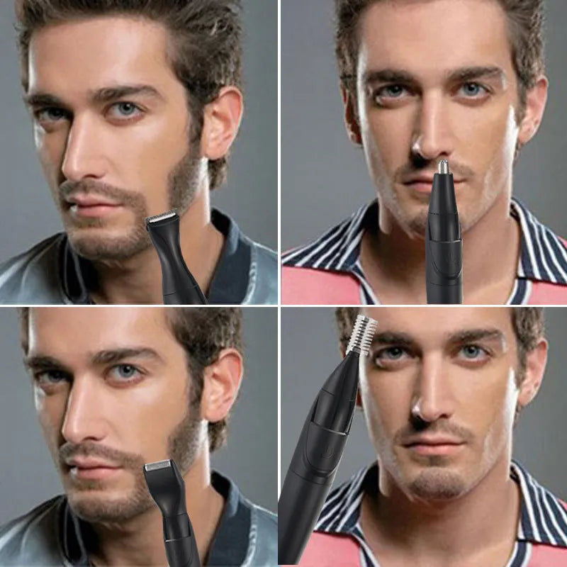 Men's electric trimmer set with black reciprocating shaver, attachments, and positioning combs
