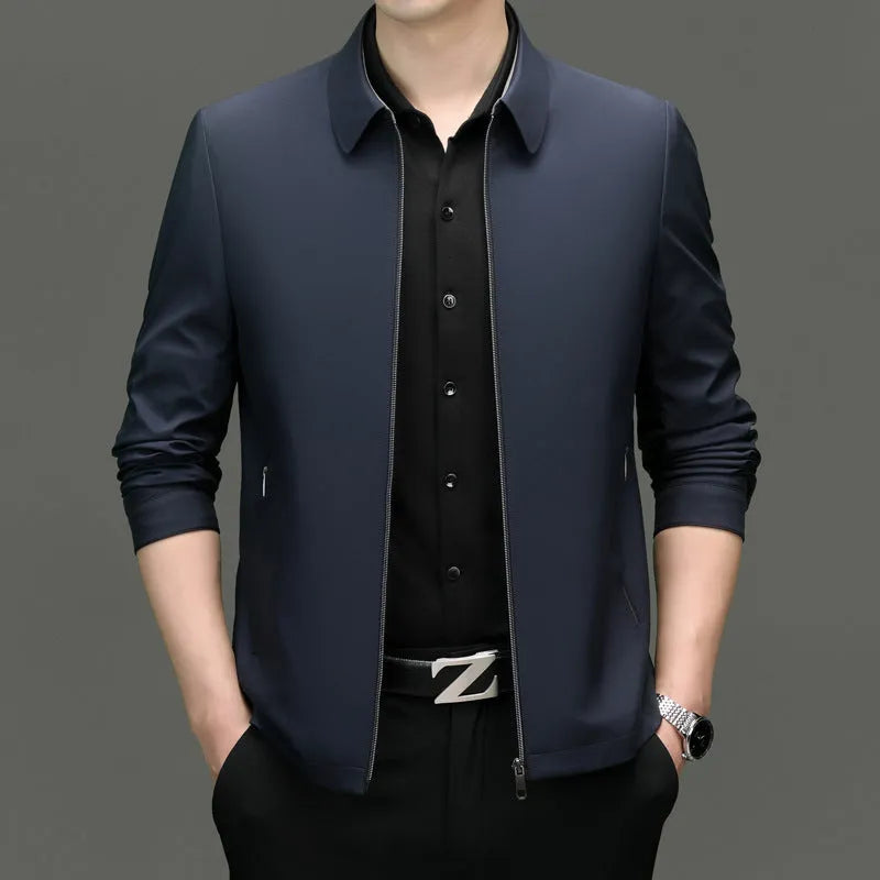 Men's lapel casual jacket in solid colour polyester blend with side seam pockets, light business style, front view