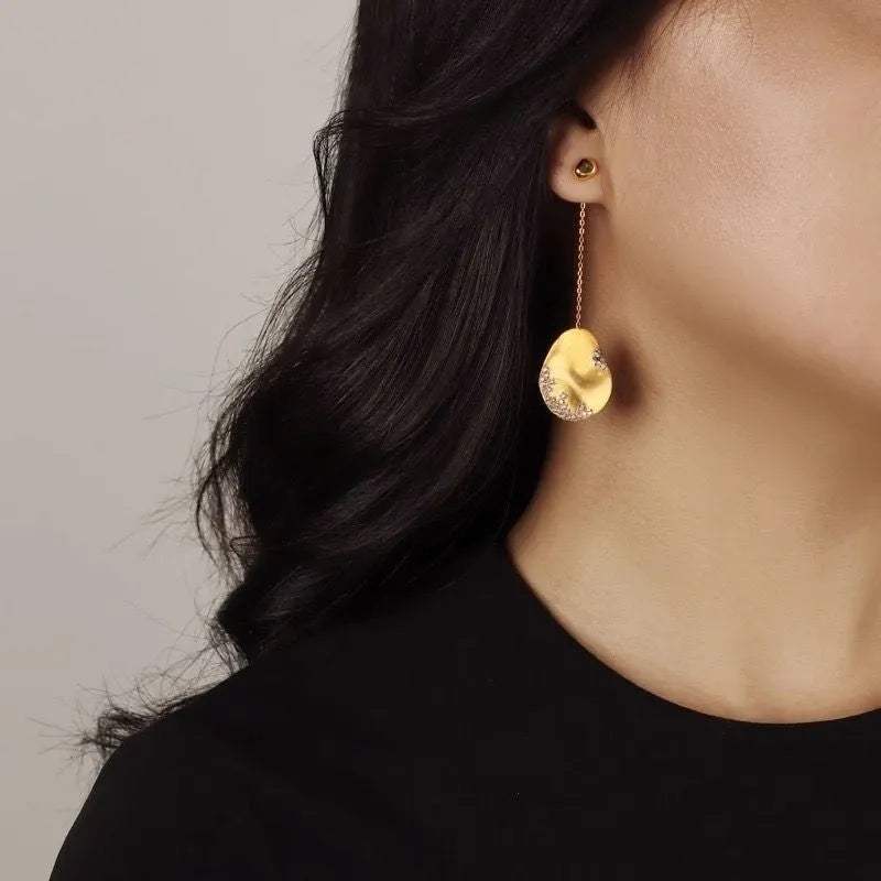 Asymmetric gold-plated floral earrings with zircon stone mosaic accents in Chinese style design