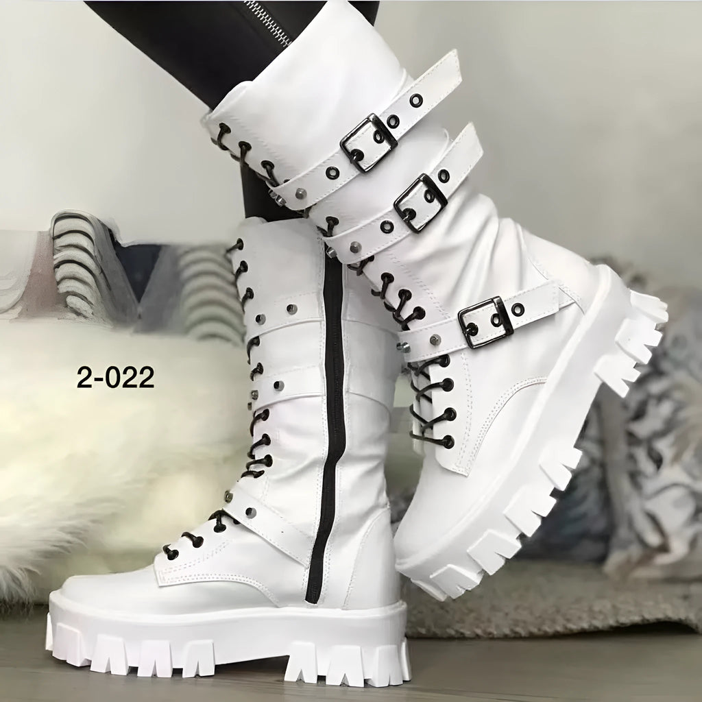 Black women's mid-calf boots with a metal buckle and side zipper on a round toe.