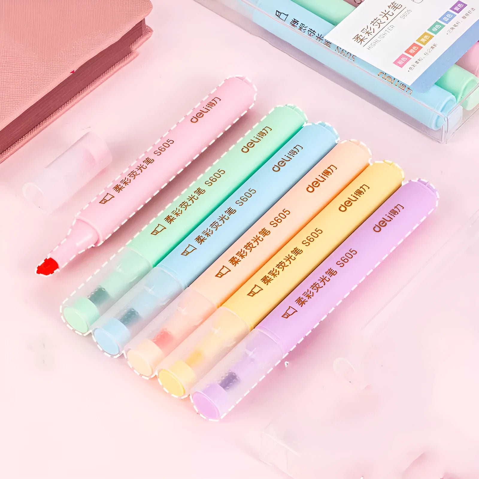 Deli S605 highlighter pens with slanted chisel nibs in assorted colour sets including macaron and crystal tones.