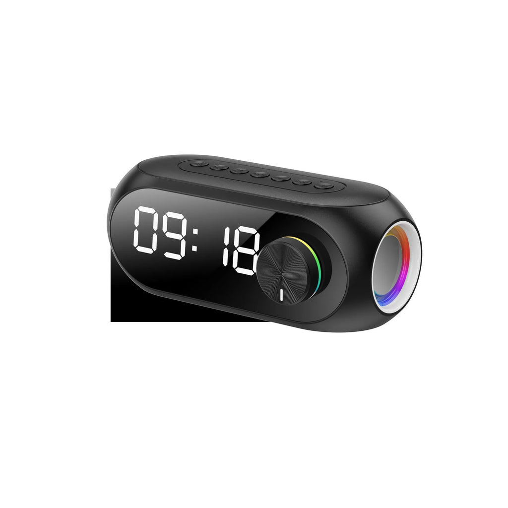 S8 Black portable mini speaker with USB charging cable on a table
