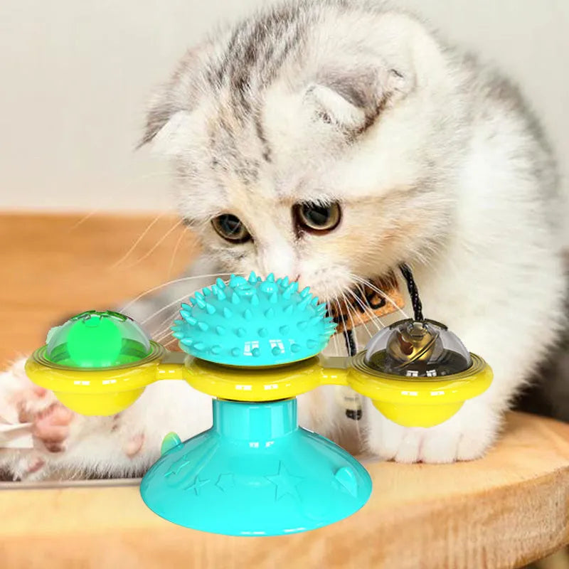 Cat rotating windmill multi-function toy with suction base and luminous ball in blue turntable colour