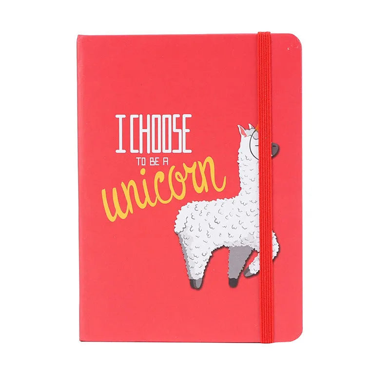 Cartoon alpaca design notepad showing cover, available in A5, A6, and A7 sizes with yellow paper pages.