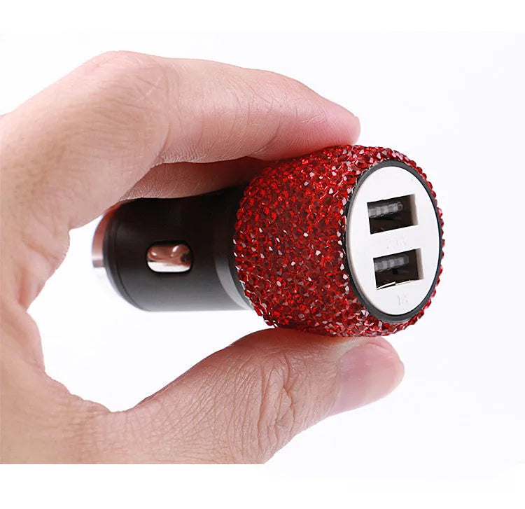 Diamond-pattern car charger for cigarette lighter socket in red, black, pink, white, and AB colour options.